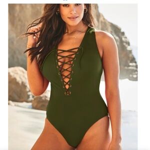 Mossimo Olive Green Lace-Up One-Piece Swimsuit